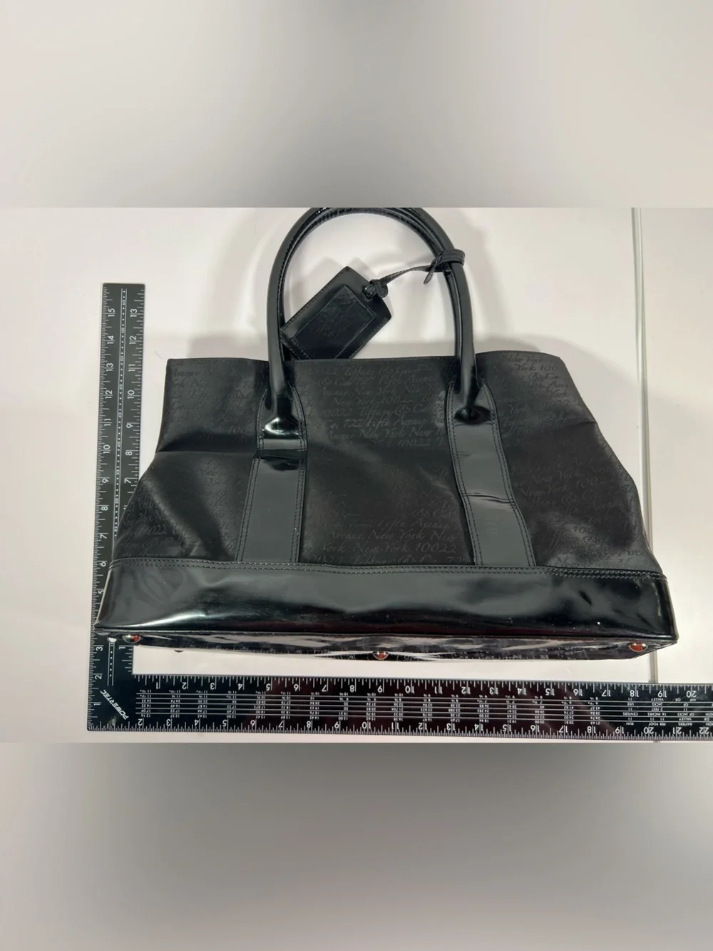 3105: Tiffany & Co. Black Jacquard Patent Leather Tote Shoulder Bag